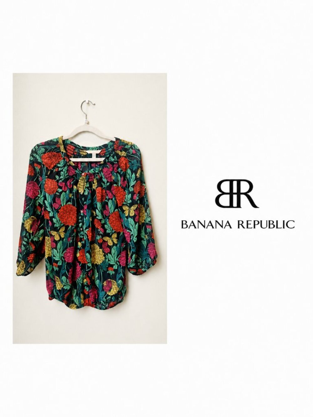 BANANA REPUBLIC  Floral Butterfly Peasant Blouse ~ XS